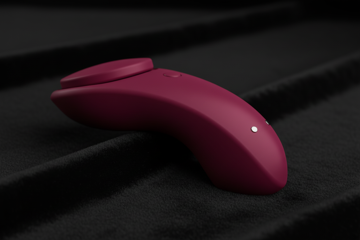 A deep berry-red, ergonomically curved wellness device resting on plush black velvet. Cool, diffused lighting highlights the matte silicone texture and the silver magnetic contact points, emphasizing Discreet Sensory Pulse technology and high-end design.