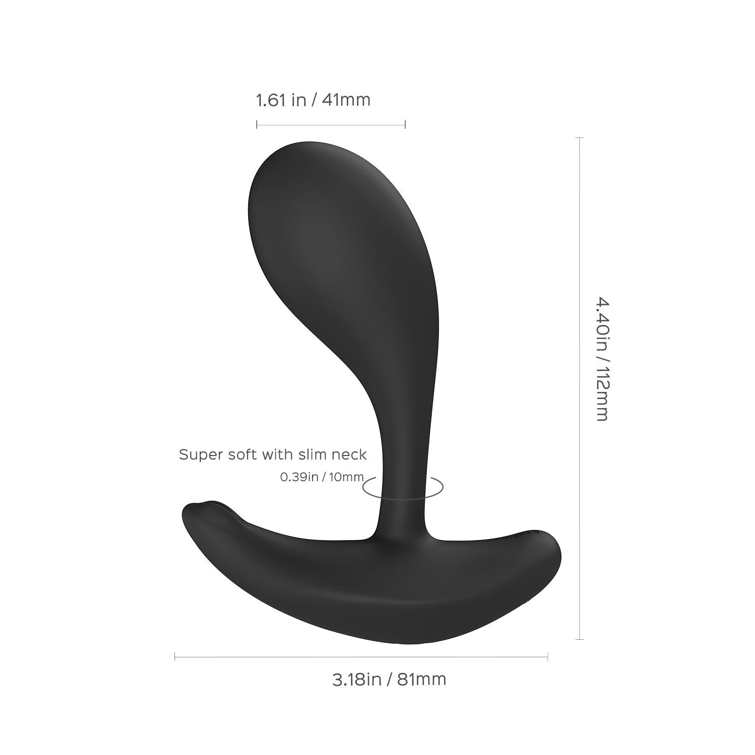 A detailed sizing diagram of the Oly 2 massager showing height, width, and depth measurements to ensure a perfect fit and accessible use for all body types.
