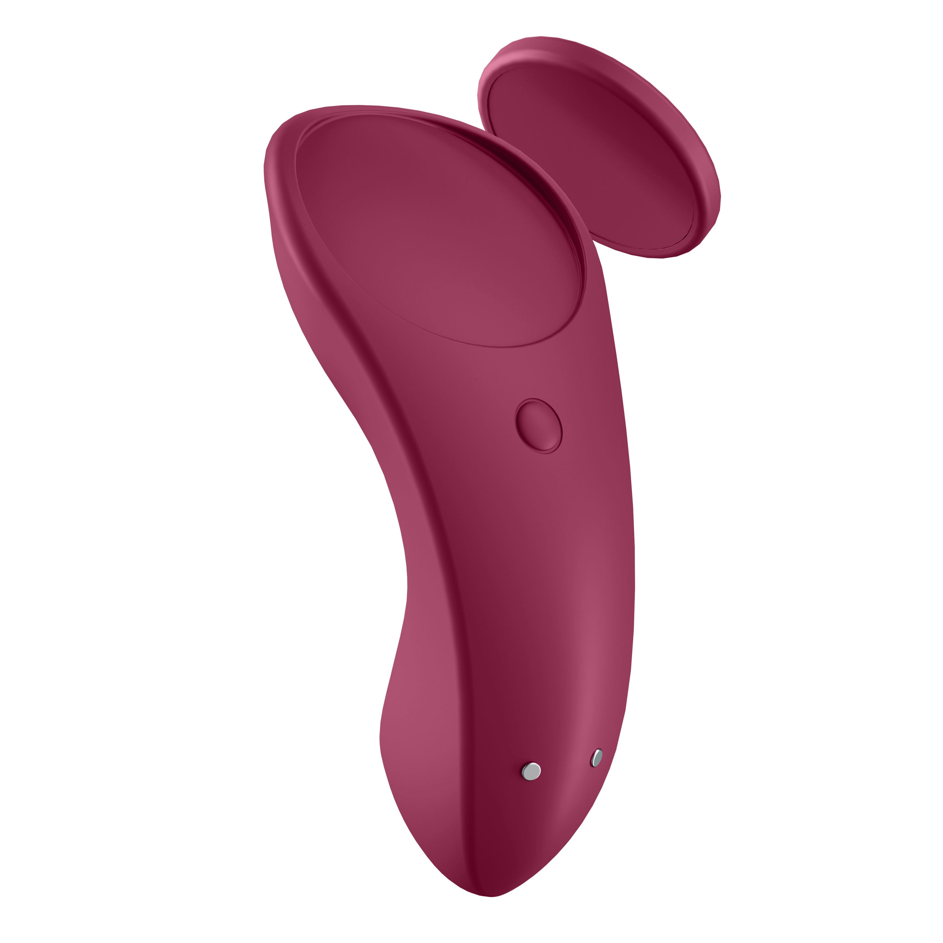 A detailed view of the two-piece Secure-Magnetic Intimacy Sync system, showing the berry-red silicone massager and the separate magnetic disc used for external attachment through fabric.