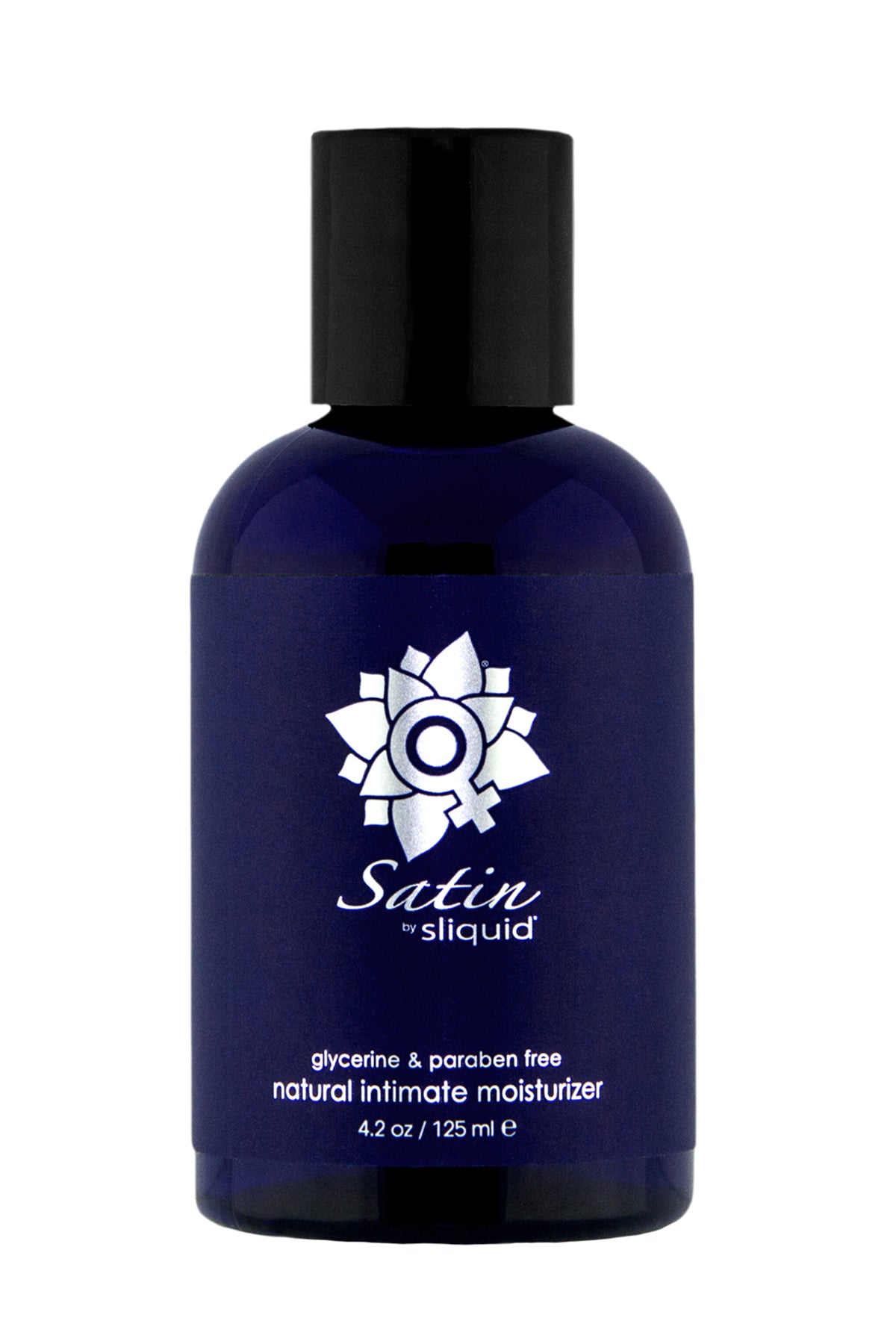 A front view of the Sliquid Satin Natural Intimate Moisturizer in a 4.2 oz dark blue glass bottle with a black screw cap. The label features a stylized silver lotus-female symbol logo, the product name, and notes it is "Glycerine & Paraben Free."