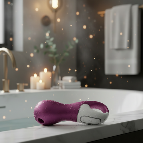 A high-resolution photo of the purple, matte medical grade silicone Lucky Libra massager resting on a polished white marble bathtub ledge. Covered in clear water droplets, confirming Fully Submersible IPX7 rating, set against luxurious gold bathroom fixtures. This shot visually confirms the Adaptive Safety Features and Total Body Sensory Care integration.