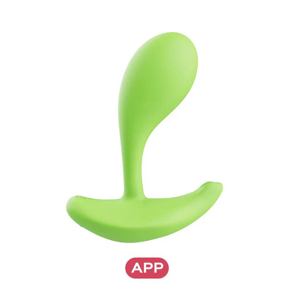 A lime green Oly 2 wearable wellness device featuring an ergonomic U-shape and medical-grade materials. Shown on a white background with a red "APP" badge for long-distance connection capabilities.