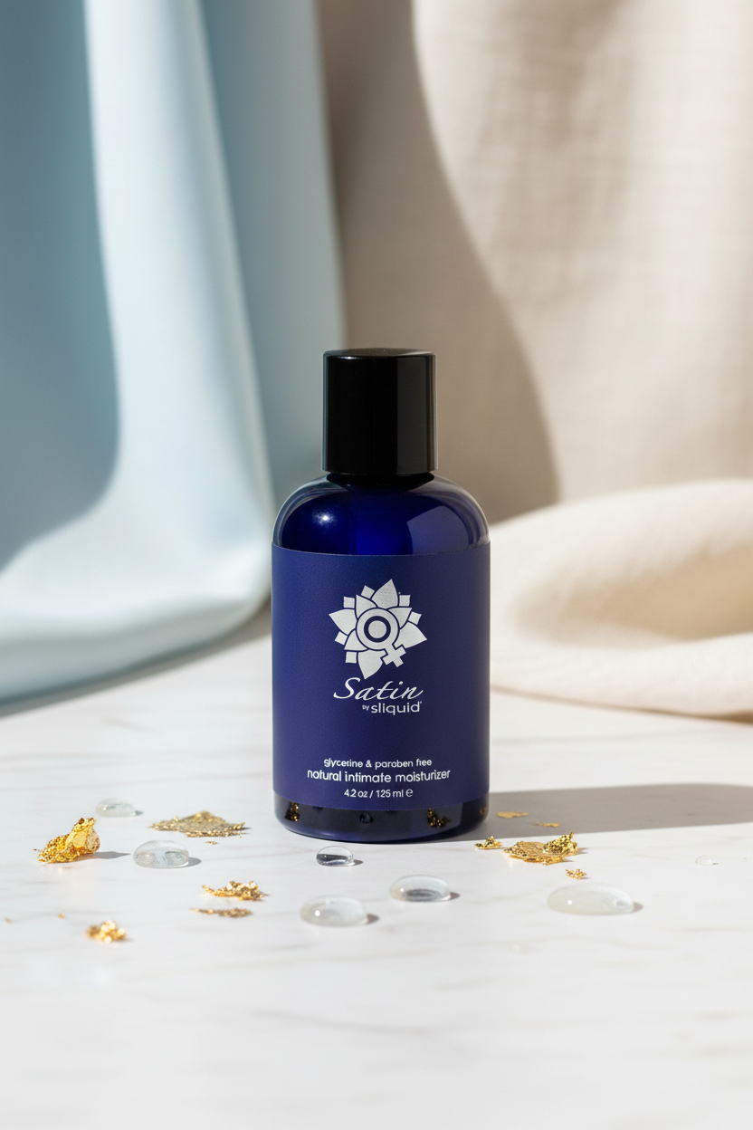 A luxurious lifestyle shot for Sliquid Satin. The dark blue bottle is on white marble, surrounded by scattered gold leaf flakes and multiple water droplets, emphasizing its hydrating formula. The background features the same soft, draped light blue and cream silk fabrics as the Splash sanctuary shot.
