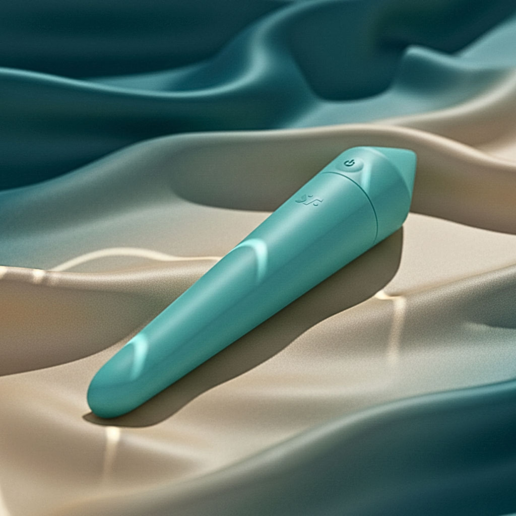A matte turquoise blue compact wellness device on luxury, rippling silk showing waterproof design and sensory focus.