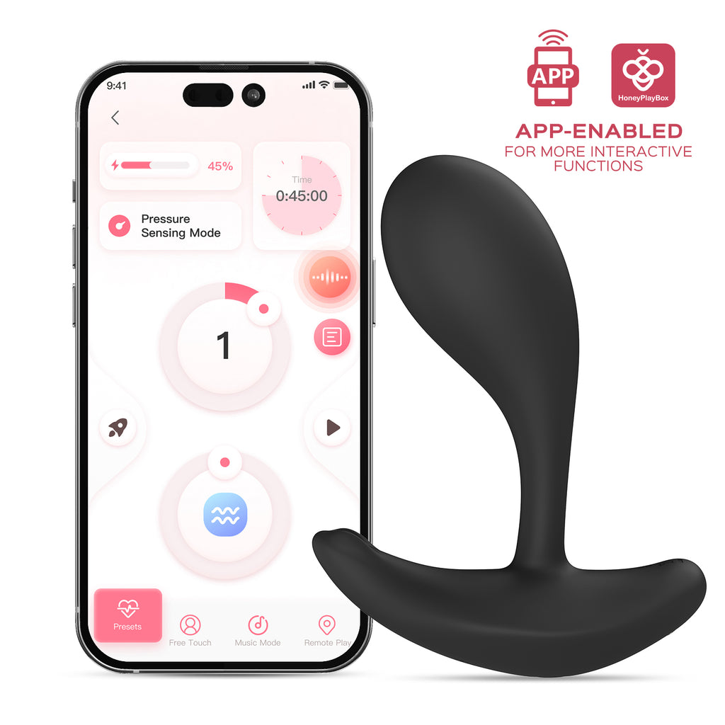 A smartphone displaying the Honey Play Box app interface next to the Oly 2 massager, showing wireless control and long-distance connection features for inclusive wellness.