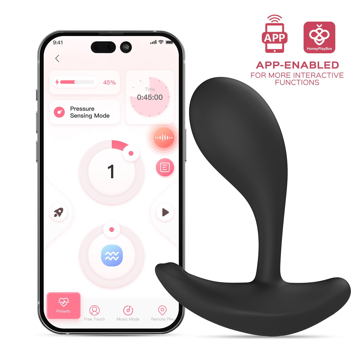 A smartphone displaying the Honey Play Box app interface next to the Oly 2 massager, showing wireless control and long-distance connection features for inclusive wellness.