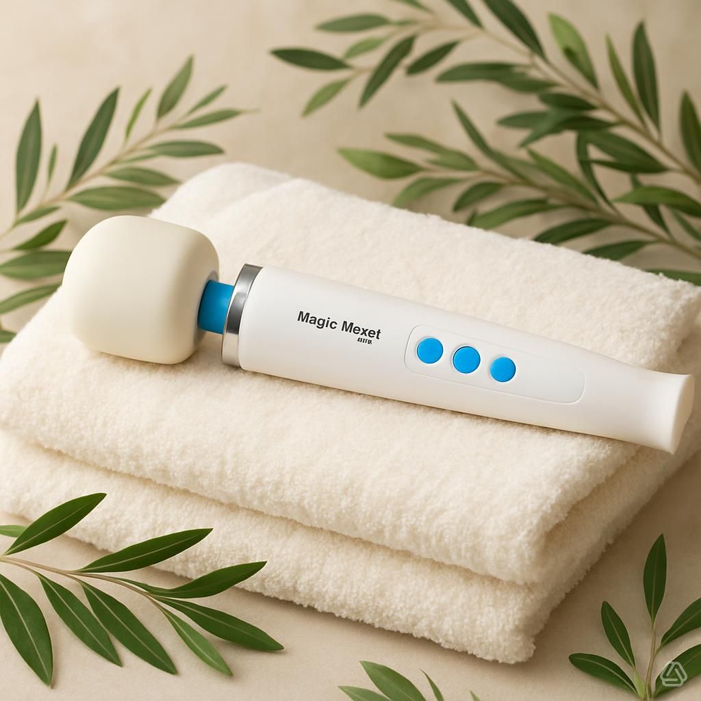 A white Magic Wand Mini wellness device resting on a stack of plush, cream-colored towels. Framed by soft eucalyptus leaves, this scene visualizes an easy grip, gender neutral inclusivity and Simple Elegance. The clean, spa-like environment emphasizes Medical-Grade silicone and Adaptive Sensory Comfort.