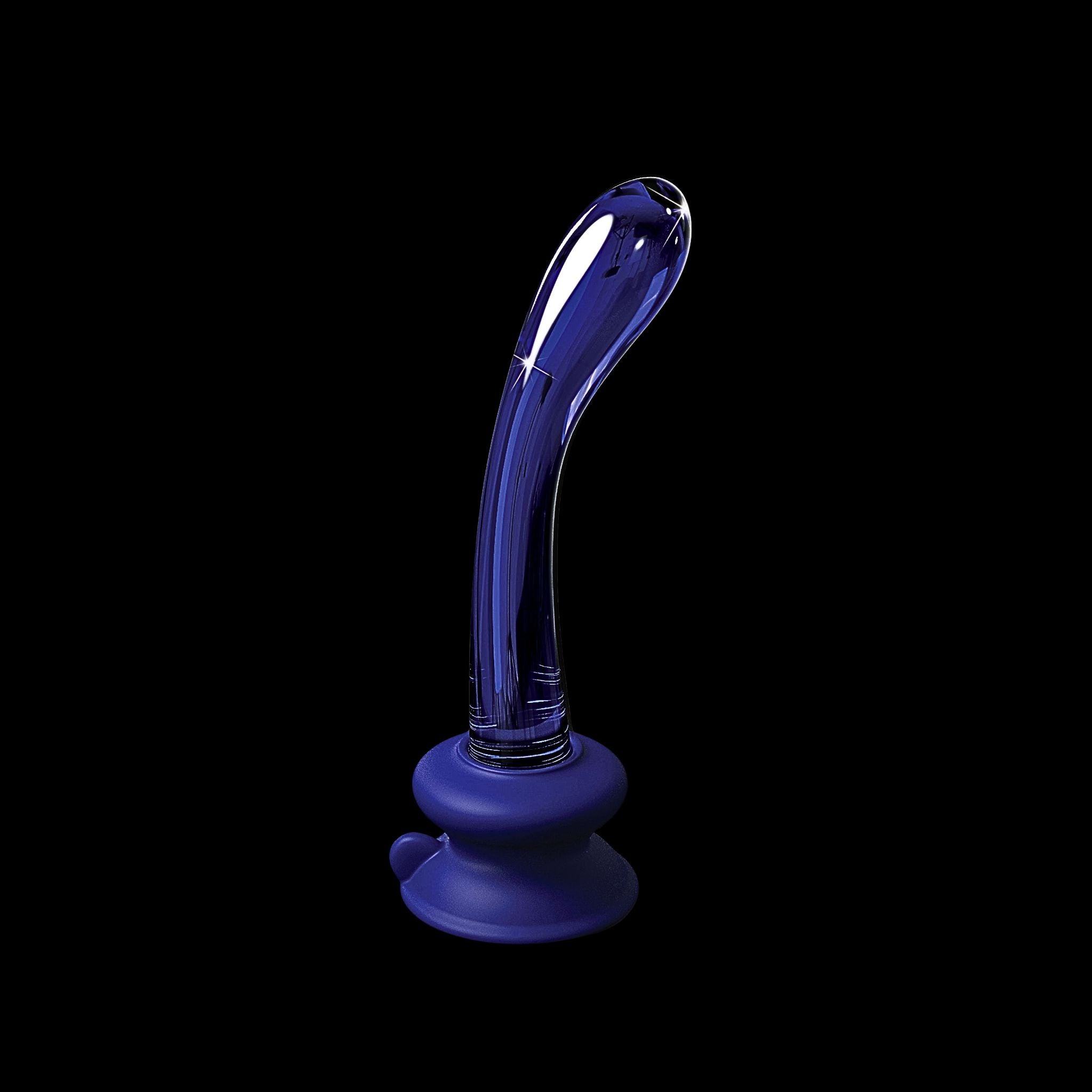Adaptive glass wand with secure suction base for limited mobility wellness on a black background.