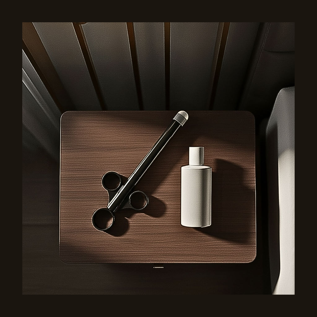 Adaptive intimacy applicator in black resting on a bedside stand for limited mobility.