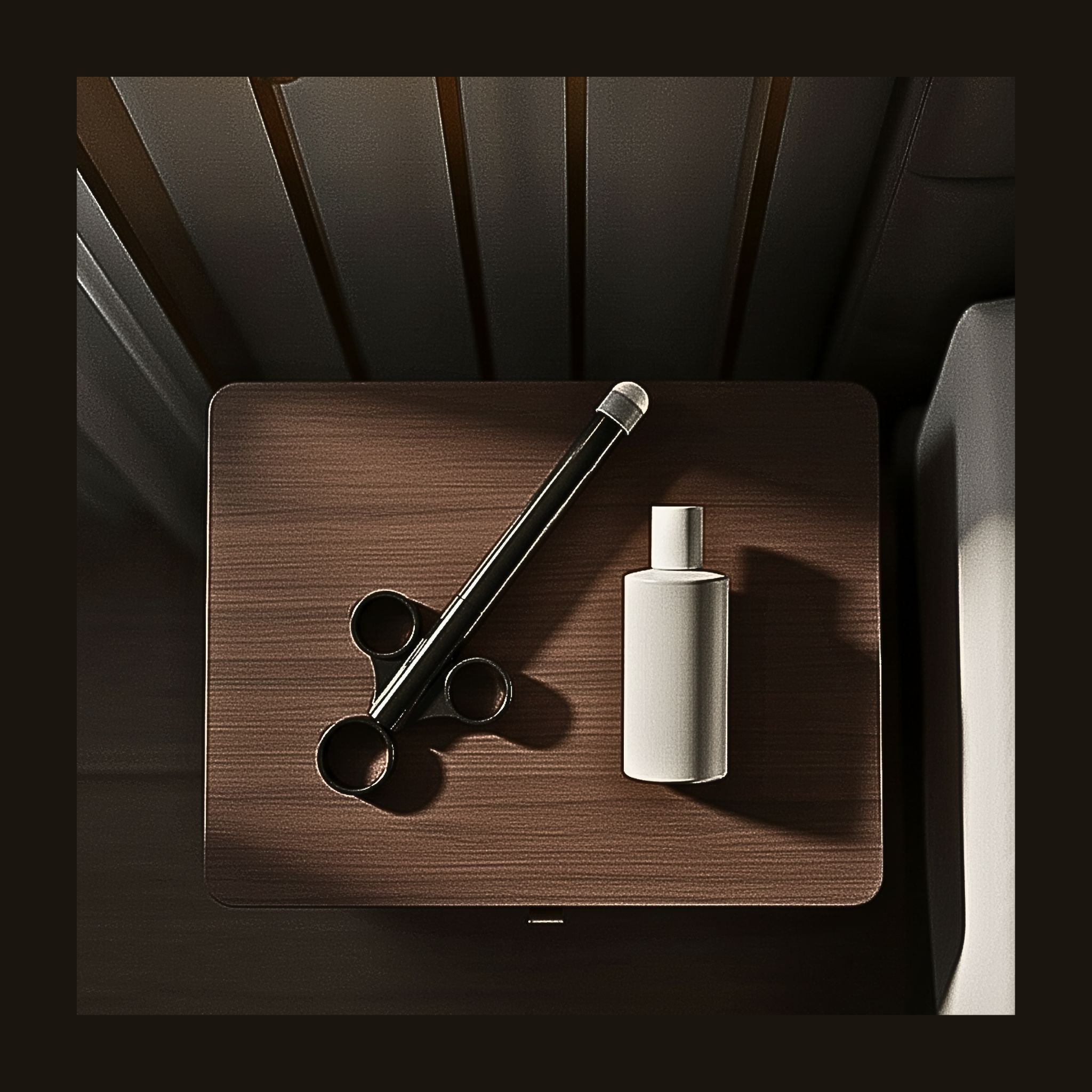 Adaptive intimacy applicator in black resting on a bedside stand for limited mobility.