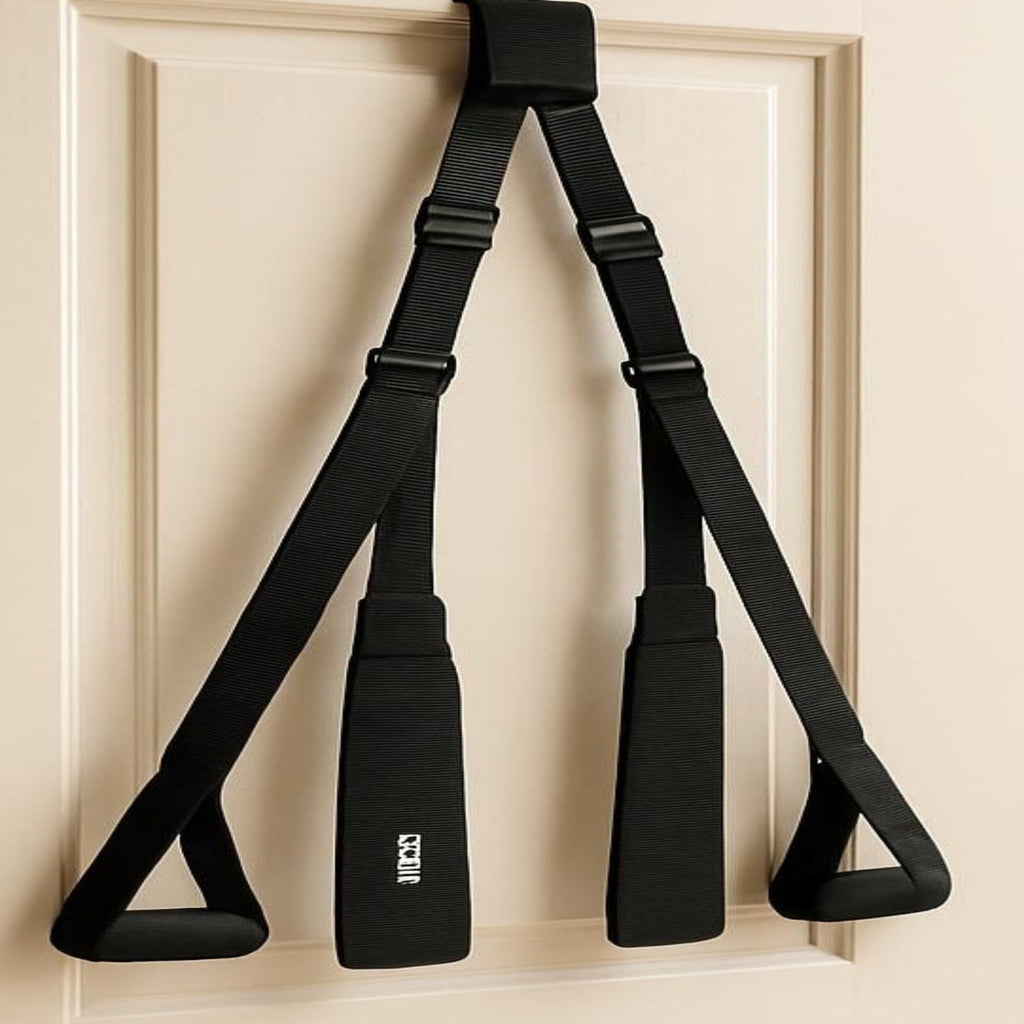 Adaptive intimacy over-door suspension system hanging on a door for limited mobility wellness.