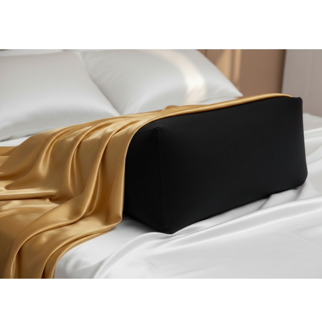 Adaptive intimacy positioning wedge in matte charcoal with gold drape for ergonomic wellness.