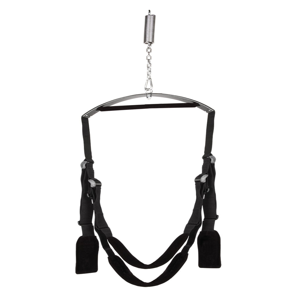 Adaptive intimacy suspension system with adjustable black straps for weightless support.