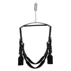 Adaptive intimacy suspension system with adjustable black straps for weightless support.
