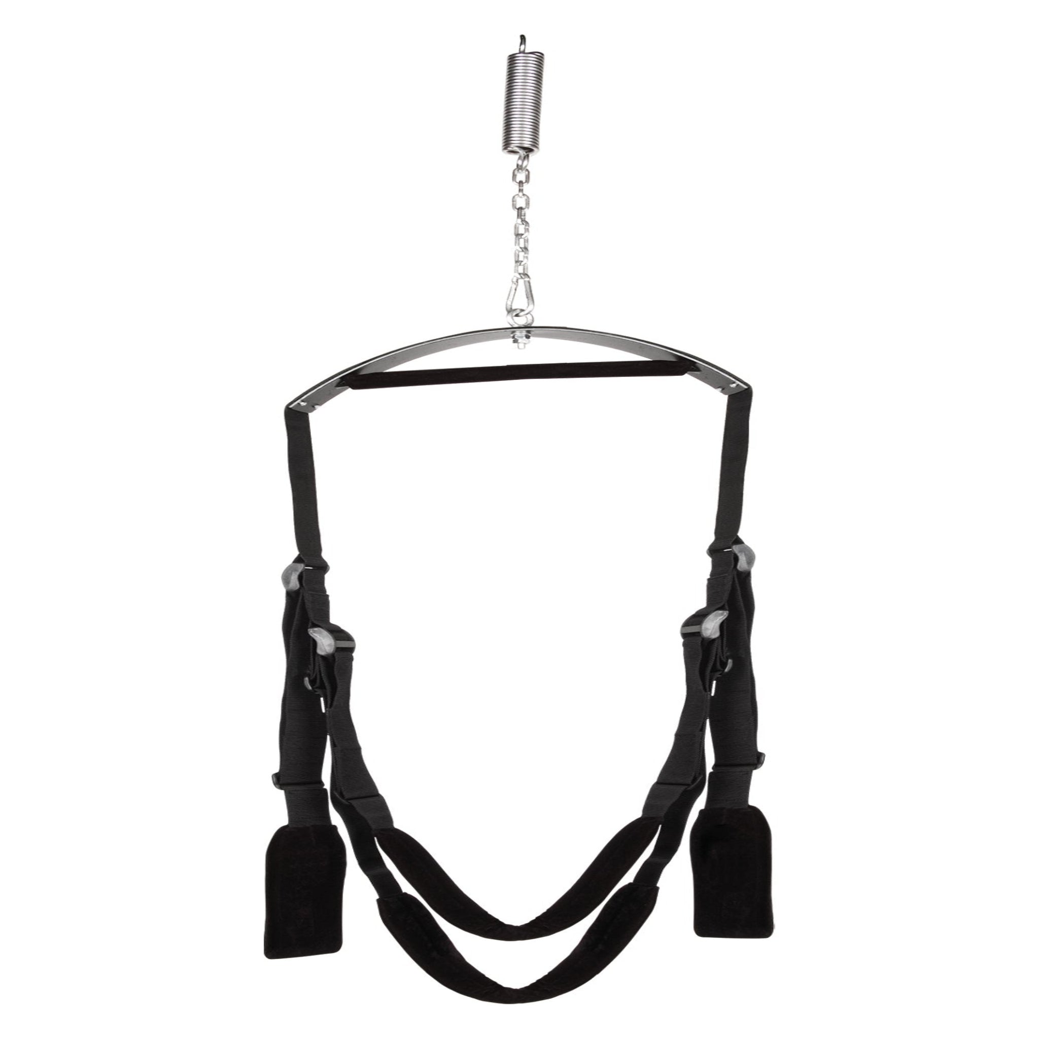 Adaptive intimacy suspension system with adjustable black straps for weightless support.