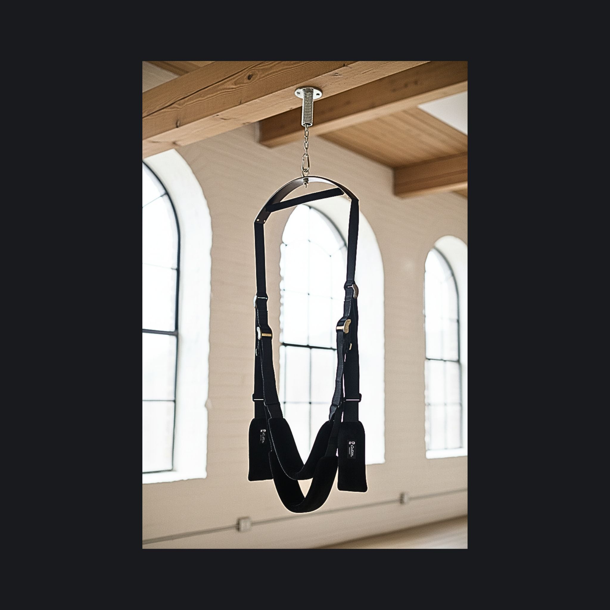 Adaptive mobility suspension swing in a sunlit loft sanctuary for joint pressure relief. 