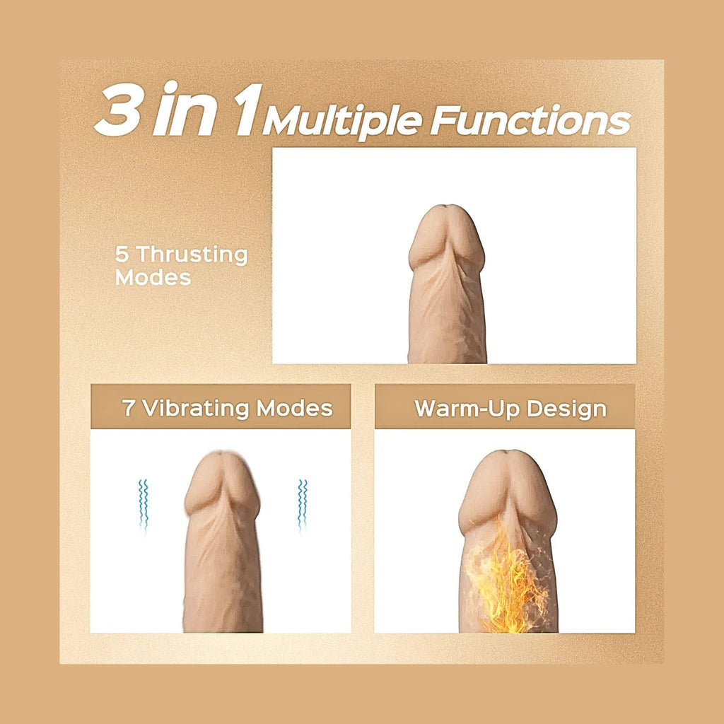 Adaptive sensory massager infographic detailing percussive and thermal therapy features.