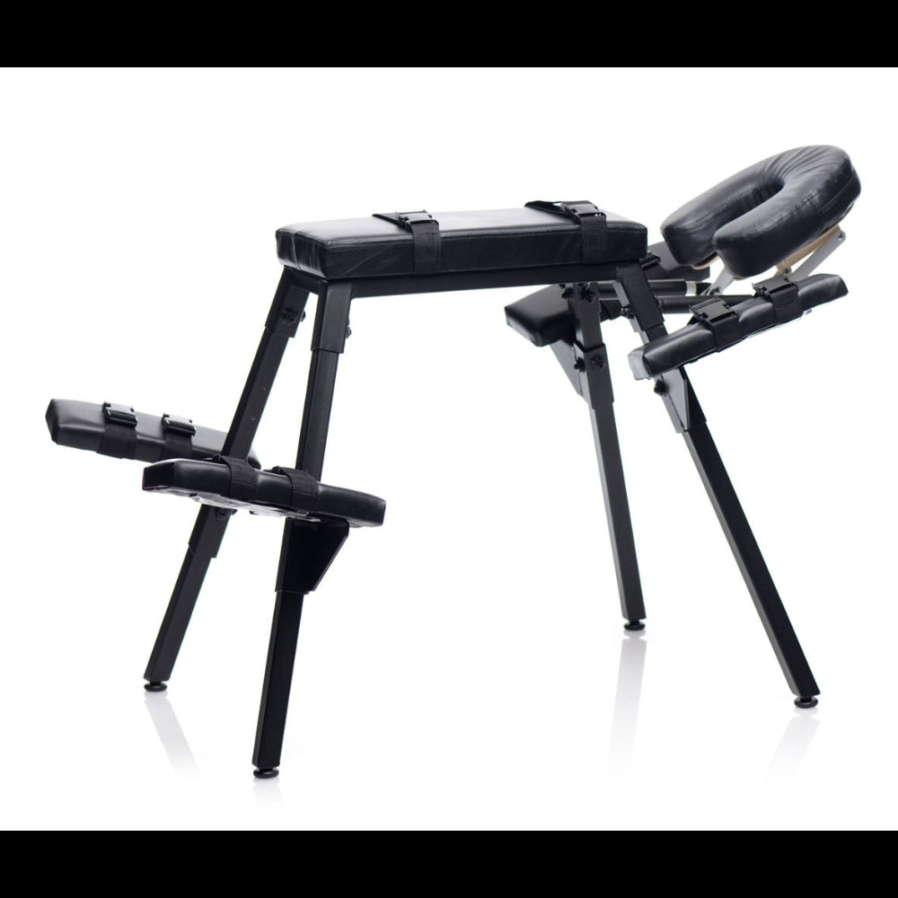 Angled view of adaptive posture support bench with adjustable arms and legs.