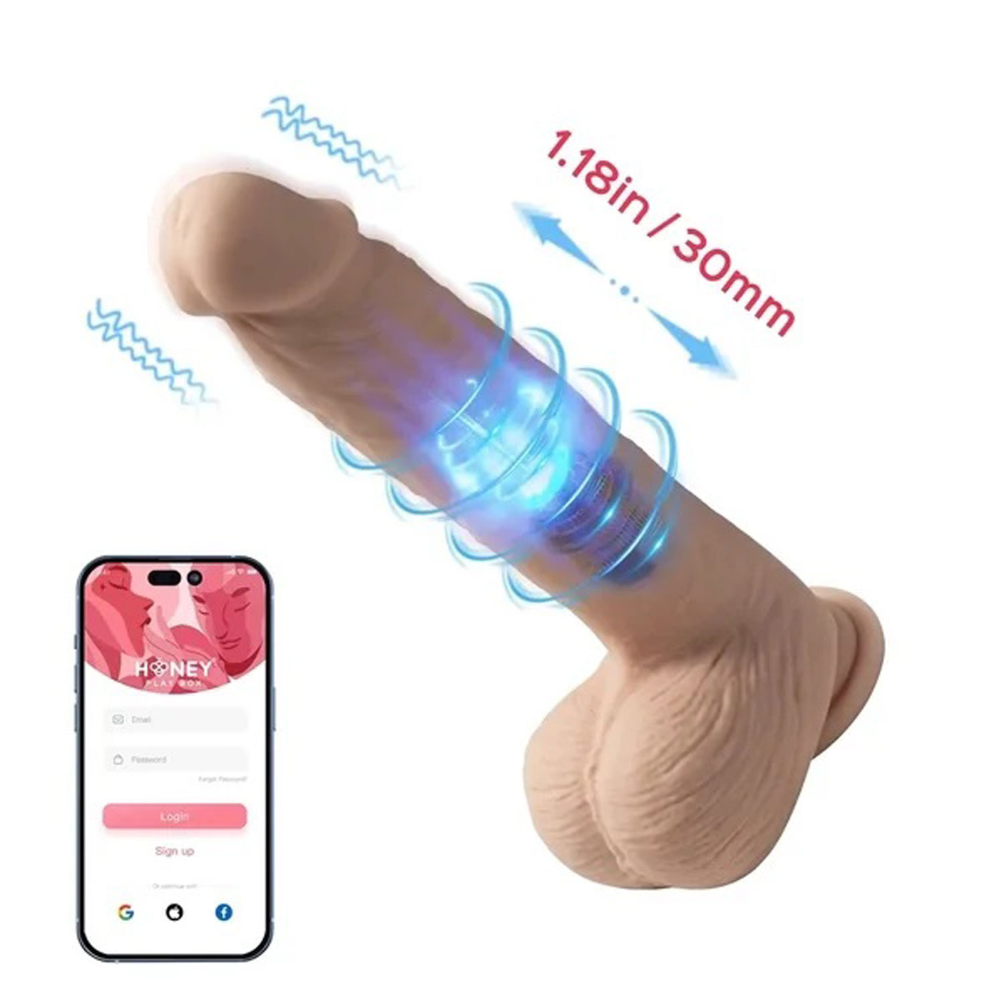 App-controlled inclusive massager diagram showing remote connectivity for easy use.