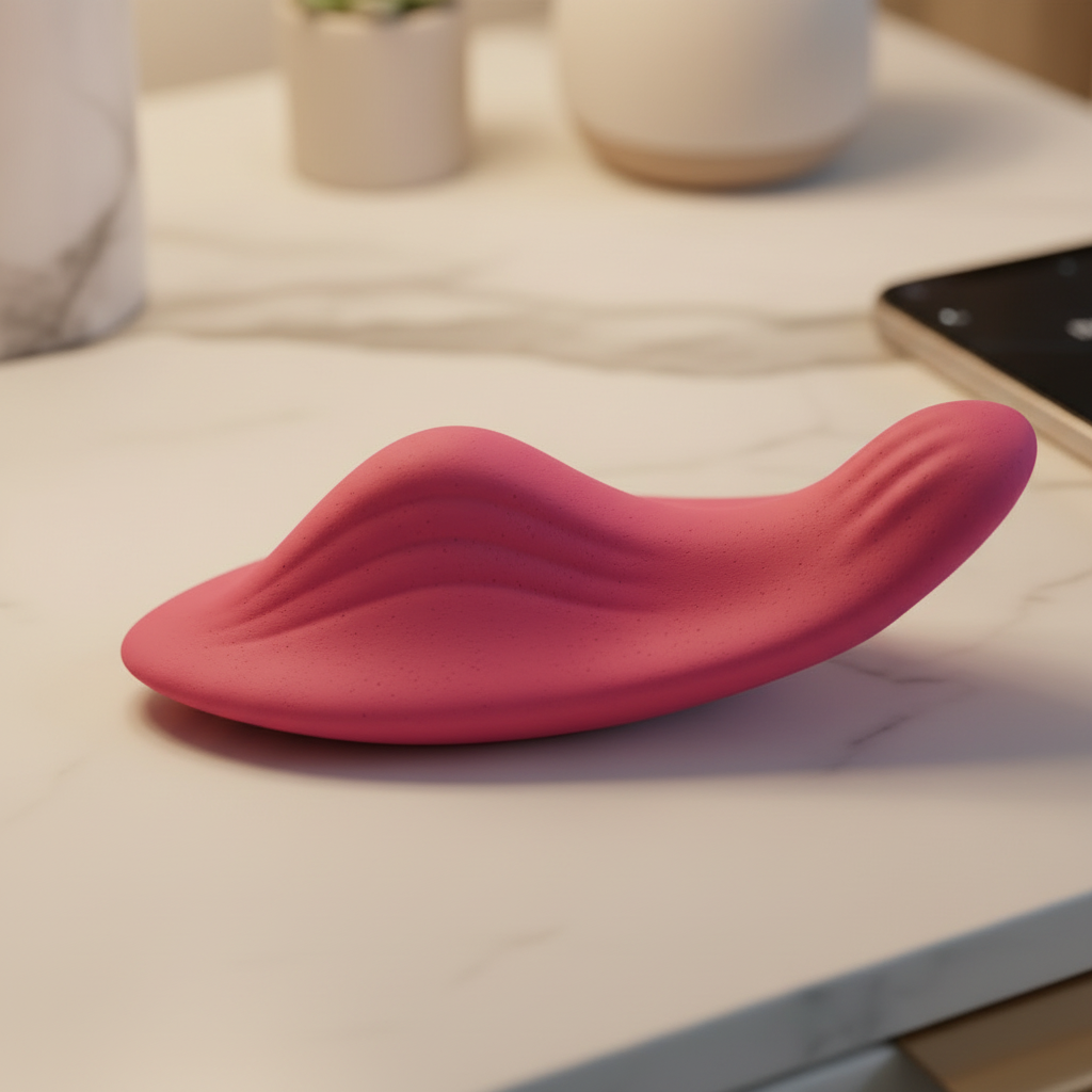 App-controlled wearable wellness device close-up detailing soft pink silicone texture.