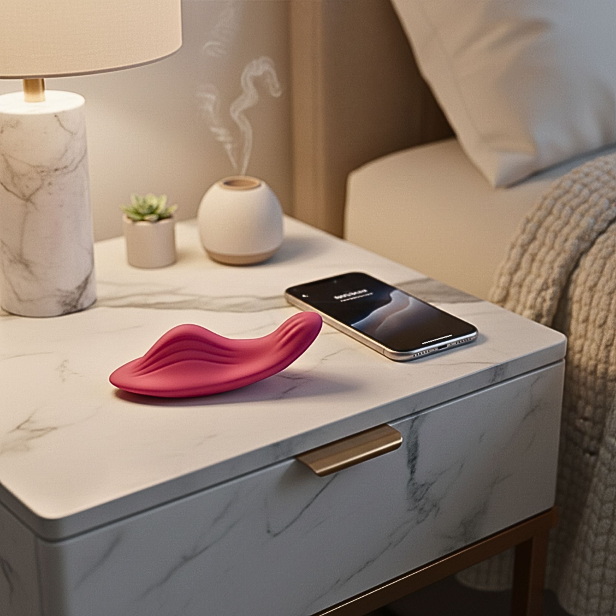 App-controlled wearable wellness device in soft pink resting on a table for independent use.