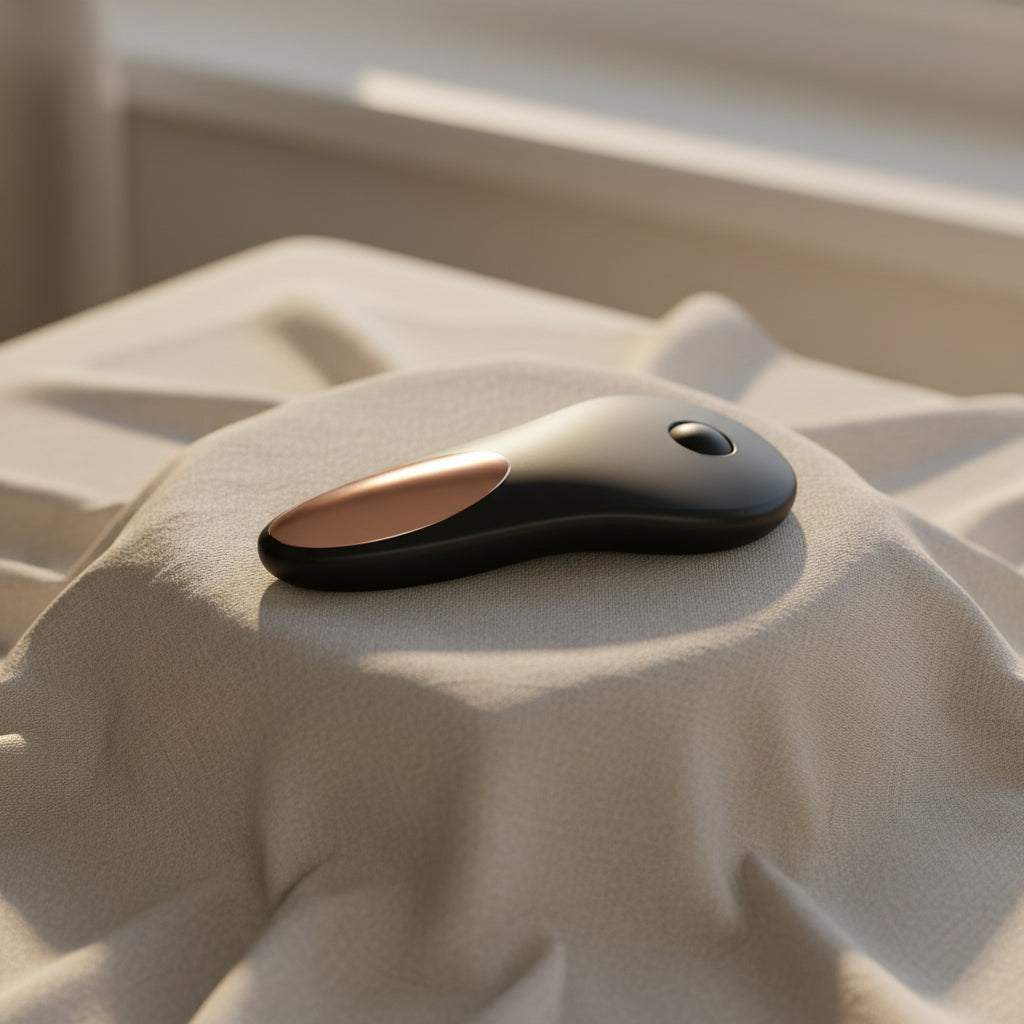 App enabled adaptive wellness device resting on soft fabric for discreet care.