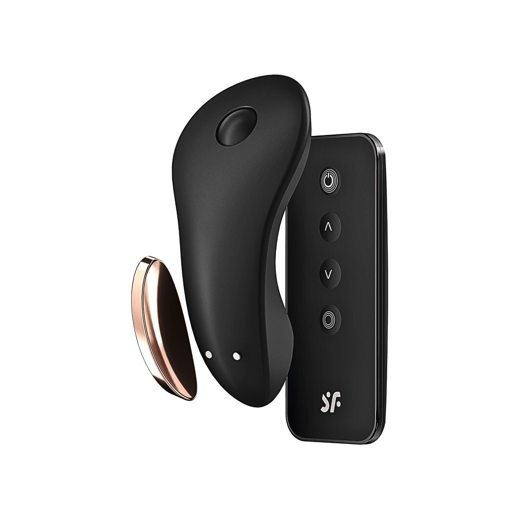 App enabled adaptive wellness device shown with optional wireless remote and magnetic clip.