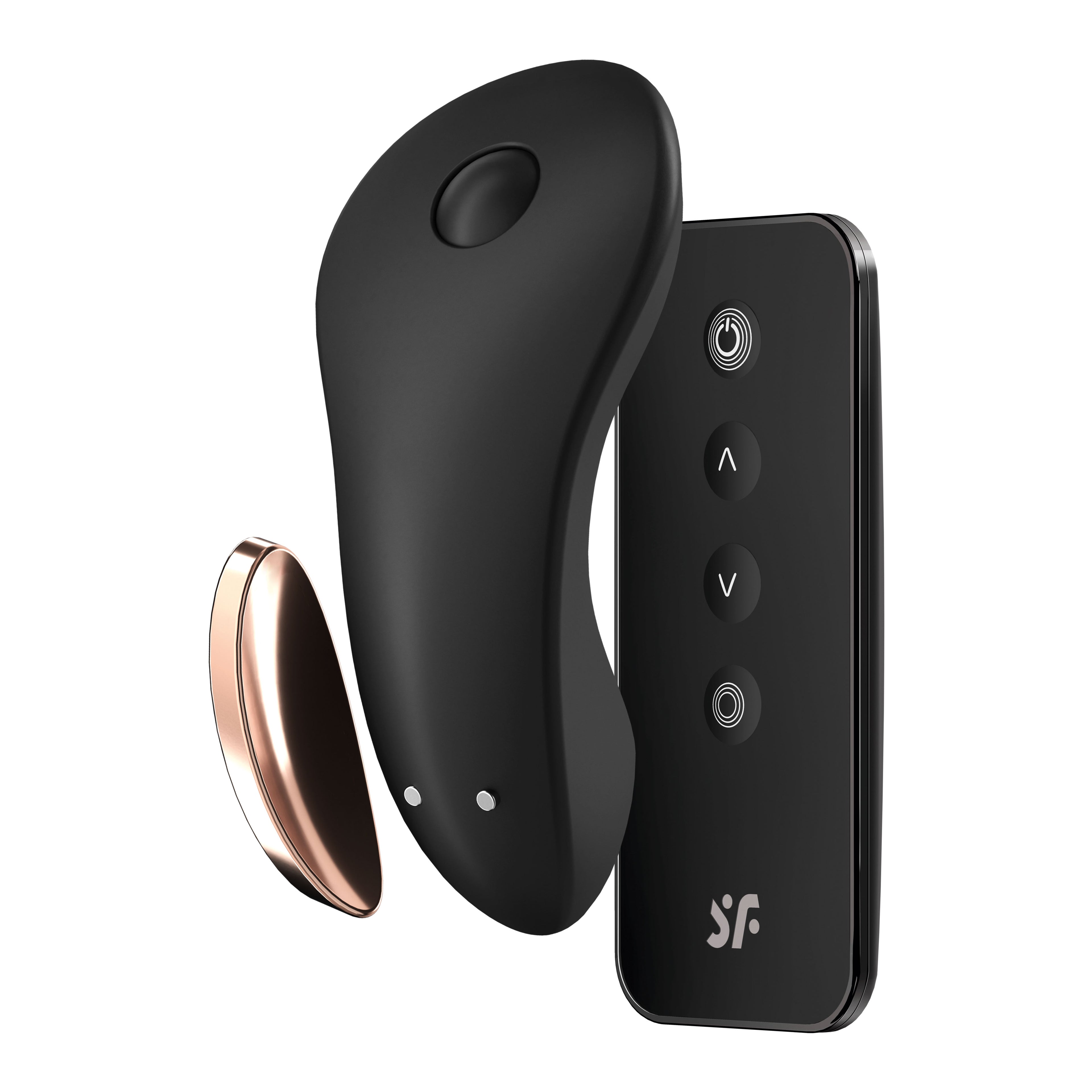 App enabled adaptive wellness device shown with wireless remote and magnetic clip.