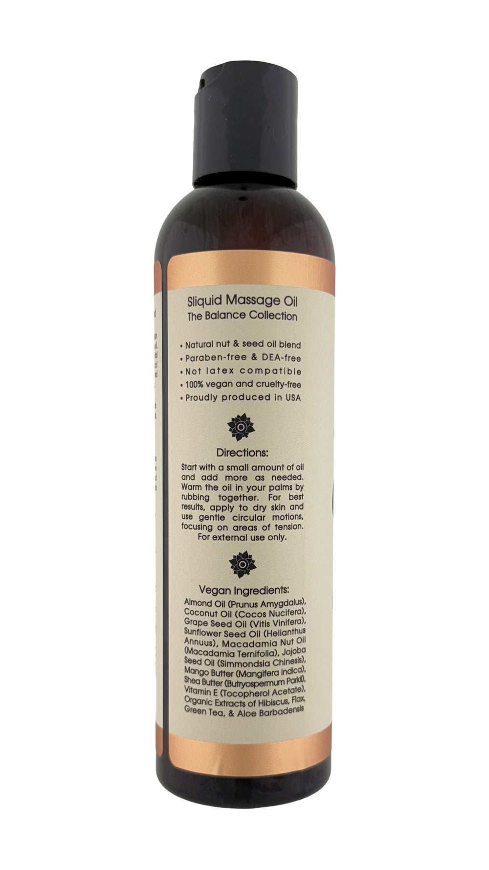 Back label of Sliquid Balance Massage Oil showing ingredients, tree nut allergy warnings, and directions on a white background.