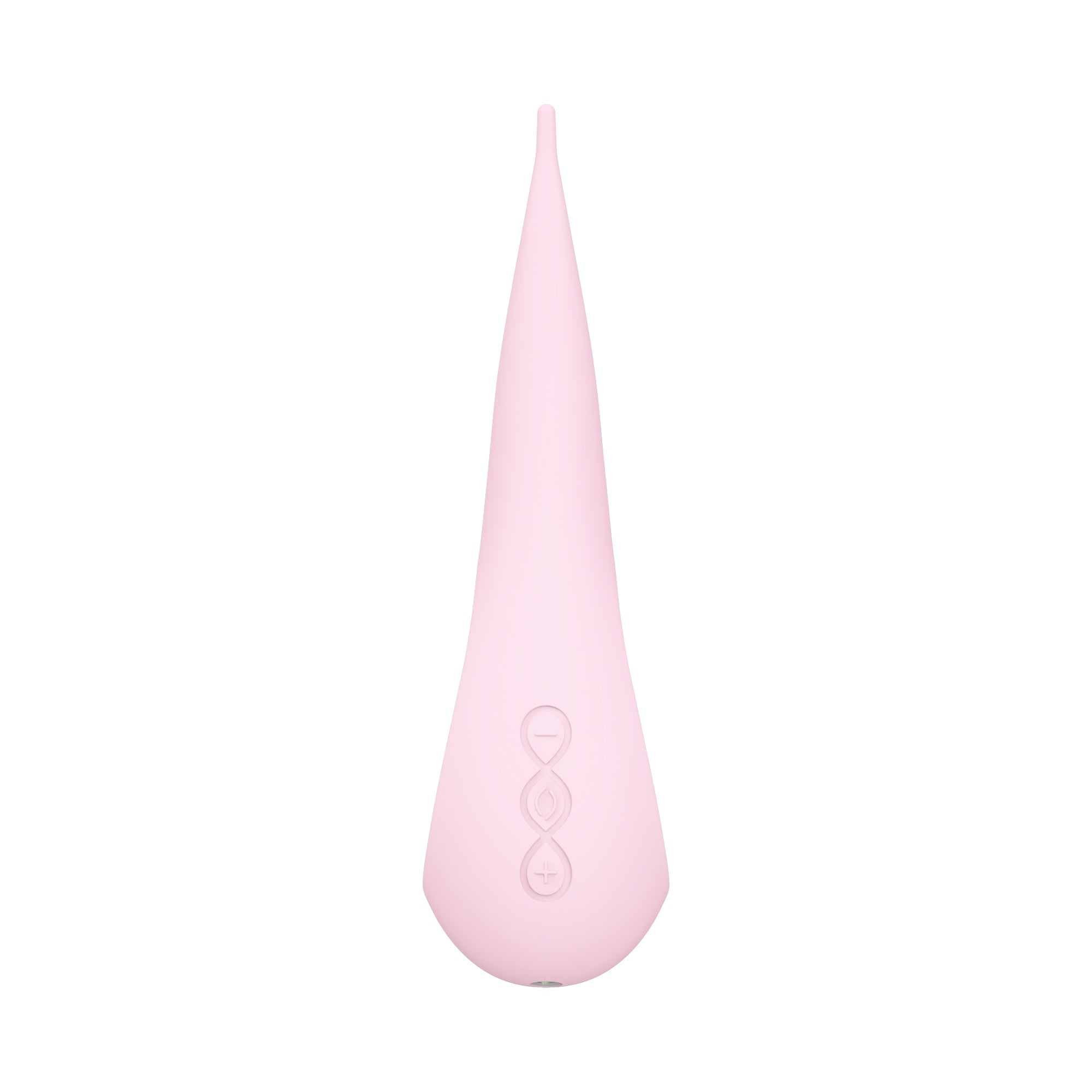 Back profile of a pink targeted external  massager highlighting the Targeted Elliptical Technology, the adaptive mobility curve and soft, medical-grade silicone exterior.