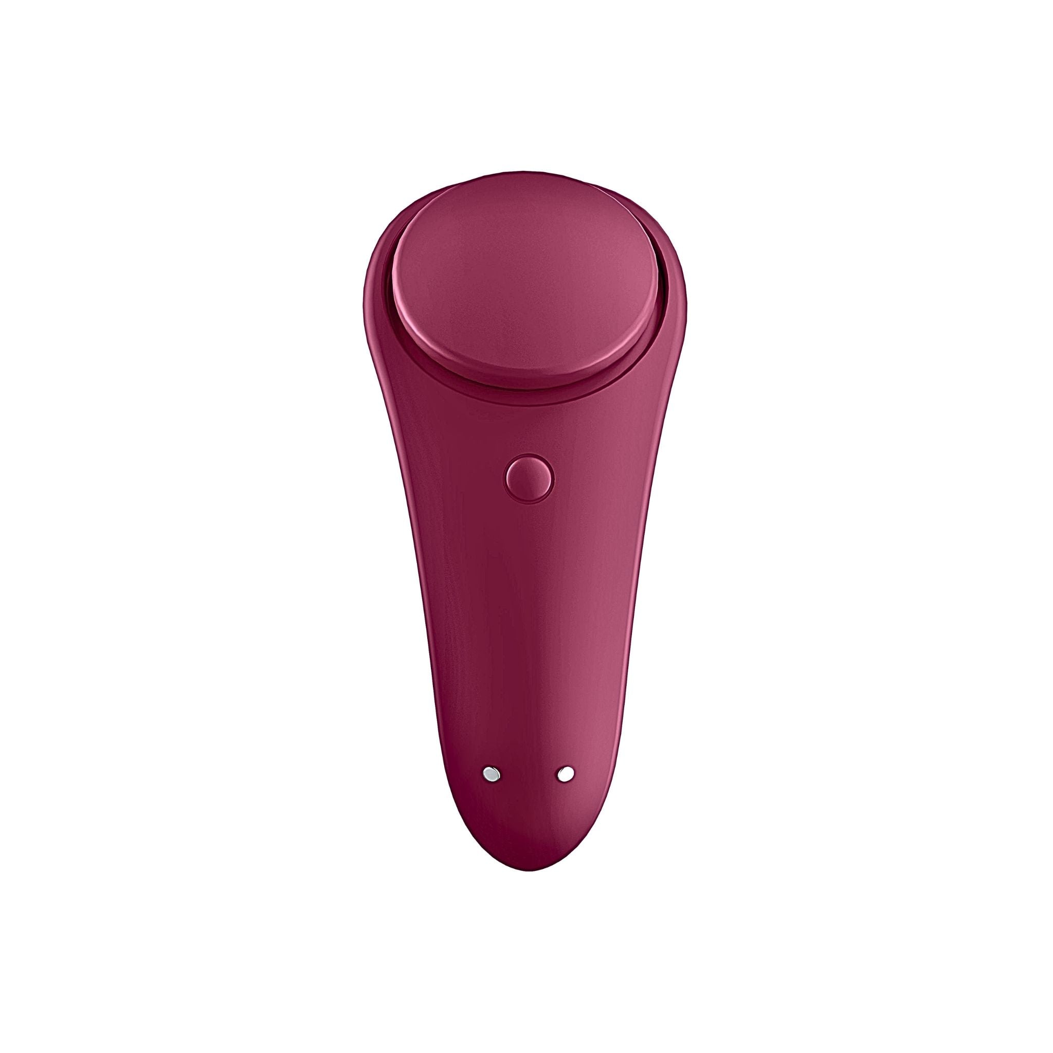 Back view of the red adaptive mobility massager with power button and magnetic USB charging port.