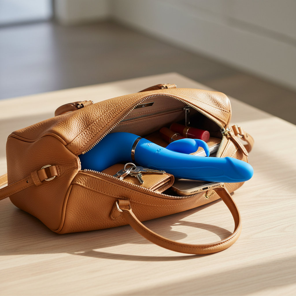 Bia Ejaculating Blue Dildo with Vibrator in purse - discreet and portable for intimate toys