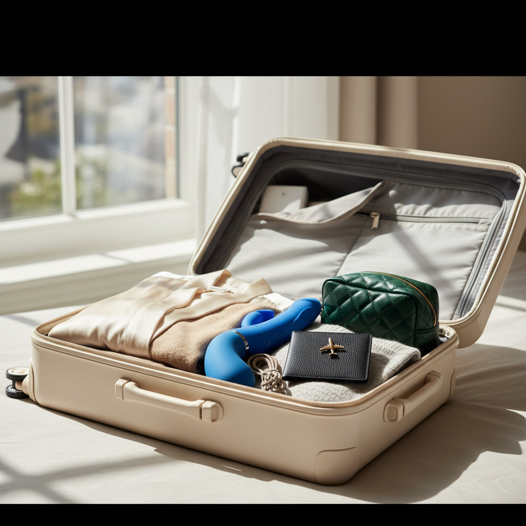 Bia Ejaculating Blue Dildo with Vibrator in travel-friendly suitcase - intimate toy