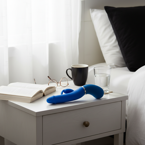 Bia Ejaculating Blue Dildo with Vibrator on nightstand - premium intimate toy for couples