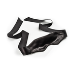 Black satin eye mask on a white background with elastic fabric straps for adaptive ease of use.