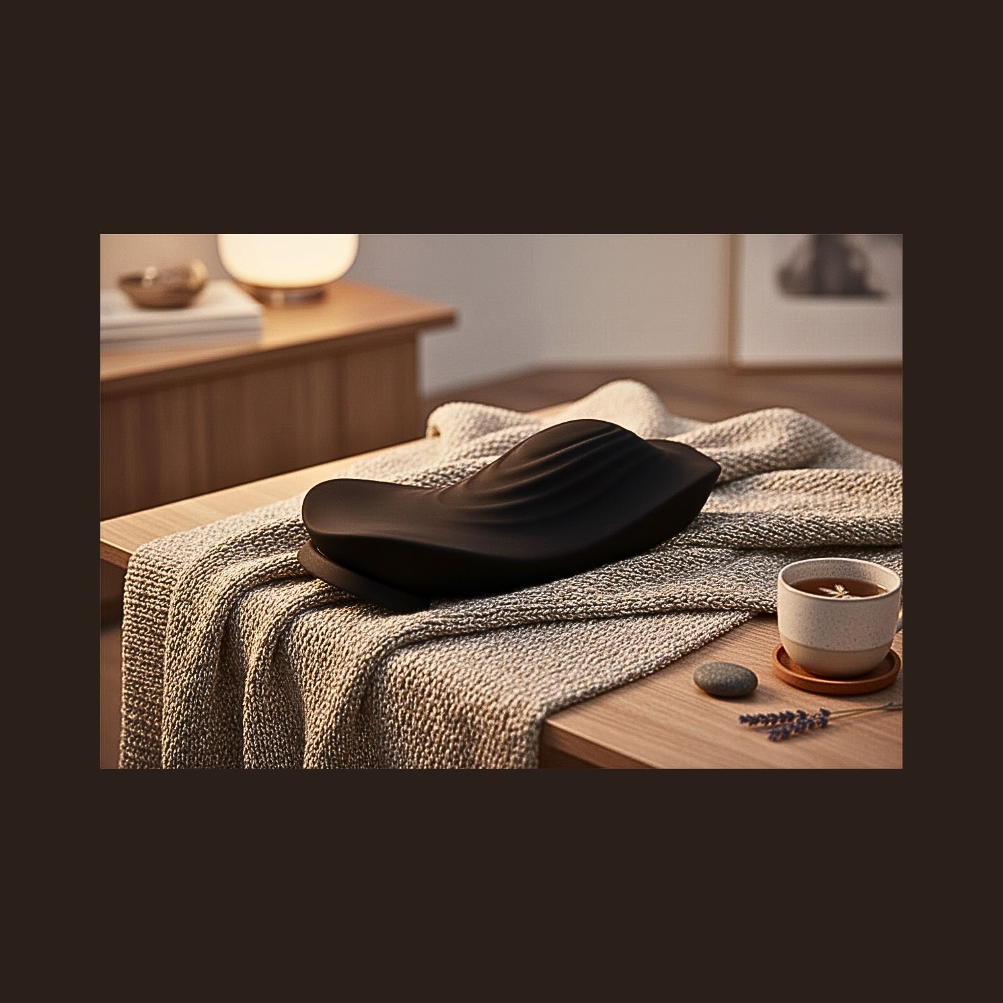 Black wearable massager with a noise level less than 50 dBA Whisper Quiet.