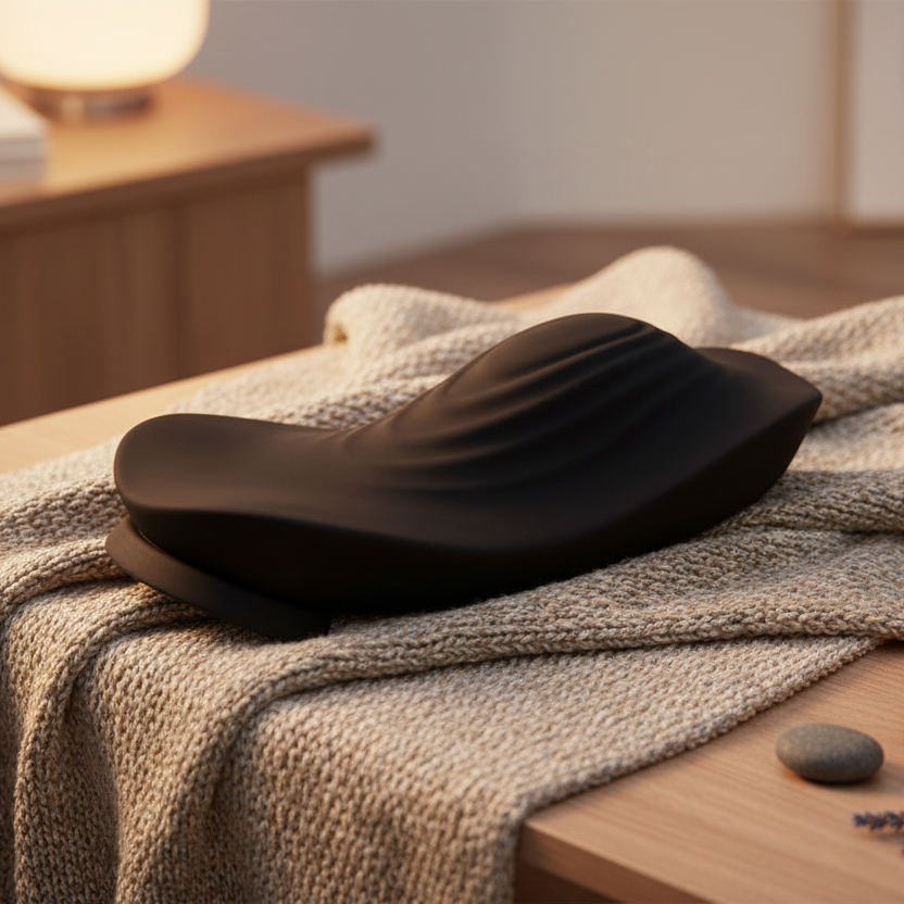 Black wearable massager with a noise level less than 50 dBA Whisper Quiet.