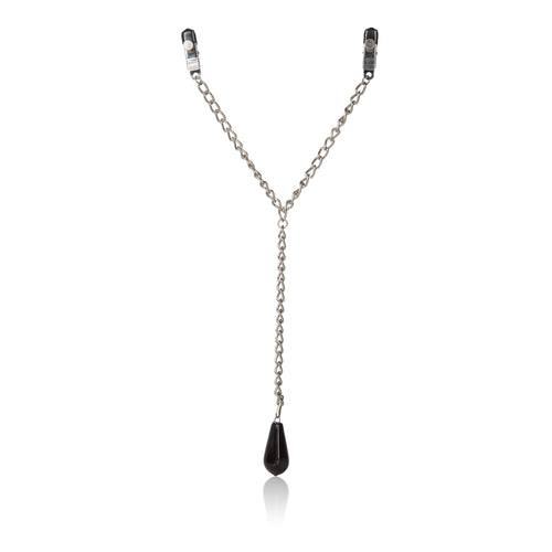 CalExotics silver weighted jewelry with adjustable twist-screw clamps and black sensory-safe PVC tips on a reflective white surface.