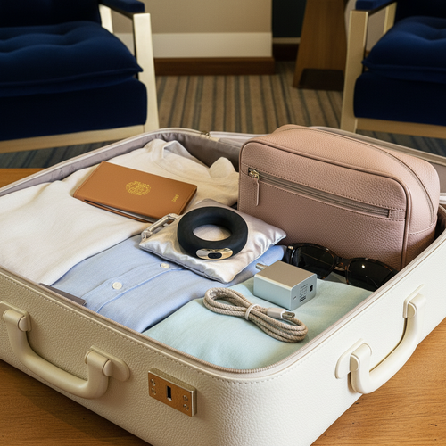 Chloe Vibrating Cock Ring in black in suitcase - travel-friendly rechargeable couples toy