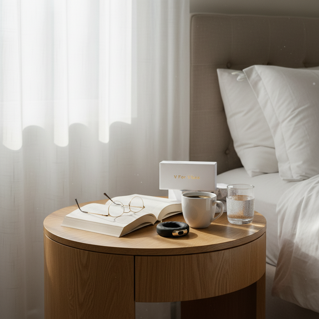 Chloe Vibrating Cock Ring in black on nightstand - premium vibrating ring for couples