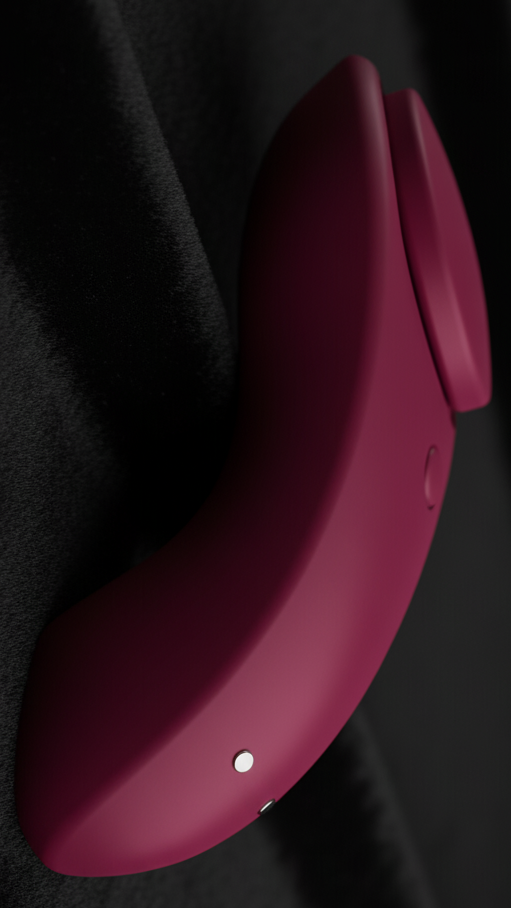 Cloe-up of a deep berry-red, ergonomically curved wellness device resting on plush black velvet. Cool, diffused lighting highlights the matte silicone texture and the silver magnetic contact points, emphasizing Discreet Sensory Pulse technology and high-end design.