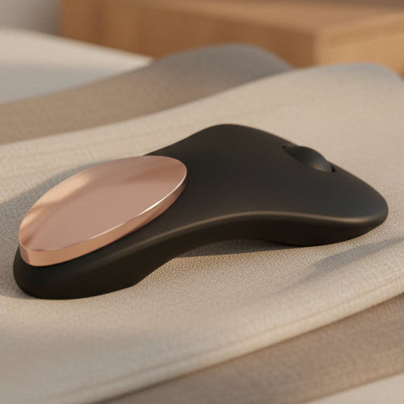 Close-up of app enabled adaptive wellness device resting on soft fabric for  travel friendly care.
