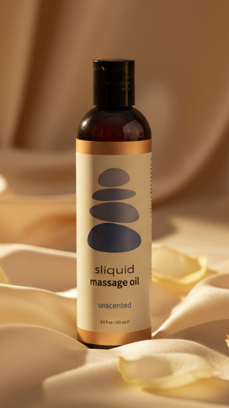 Close-up of Sliquid Balance label featuring the stacked stone icon and unscented text against a soft silk background.