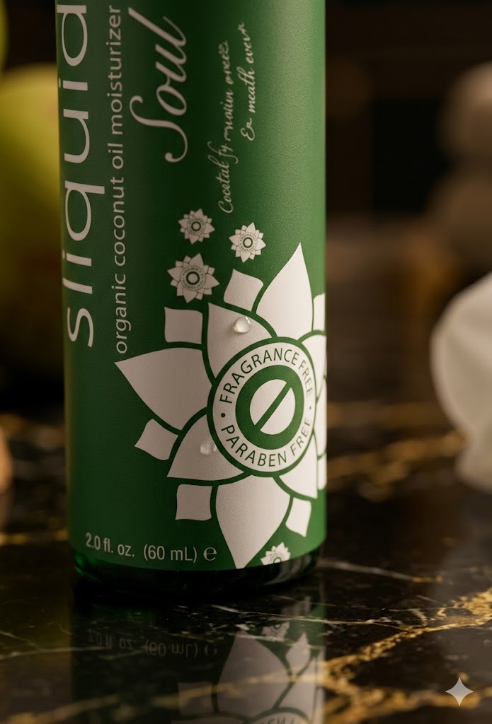 Close-up of Sliquid Soul bottle label highlighting Fragrance-Free and Paraben-Free certifications, ideal for sensitive skin and restorative intimacy care