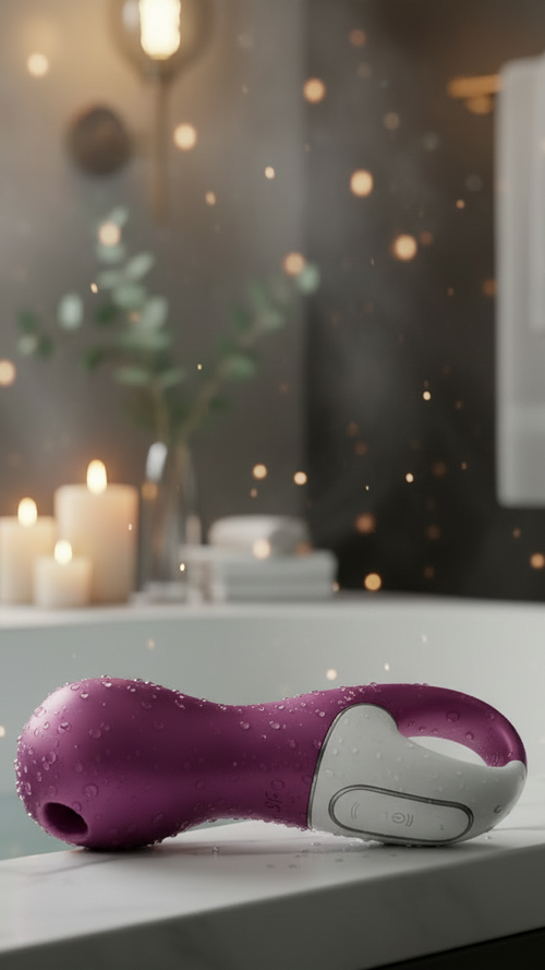 Close-up of a high-resolution photo of the purple, matte medical grade silicone Lucky Libra massager resting on a polished white marble bathtub ledge. Covered in clear water droplets, confirming Fully Submersible IPX7 rating, set against luxurious gold bathroom fixtures. This shot visually confirms the Adaptive Safety Features and Total Body Sensory Care integration.