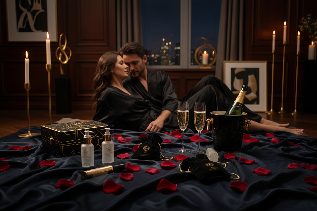 Couples BDSM starter kit - 3-piece luxury bundle with heated rabbit vibrator, vibrating cock ring, and vegan leather flogger