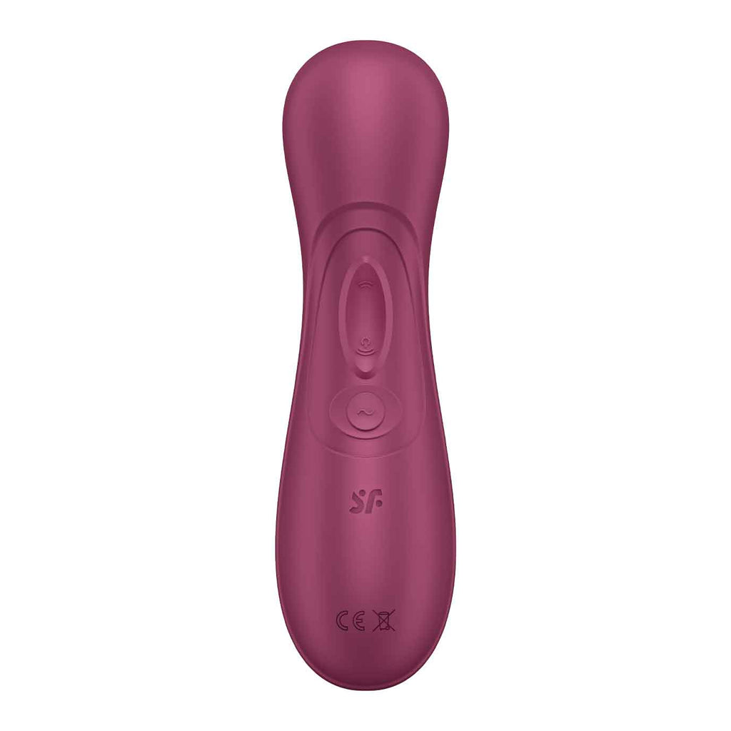 Direct back view of the wine red Satisfyer Pro 2 Generation 3 on a white background. The center control panel shows an oval power button placed between two wave-shaped buttons that control the air pulses and vibrations.