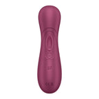Direct back view of the wine red Satisfyer Pro 2 Generation 3 on a white background. The center control panel shows an oval power button placed between two wave-shaped buttons that control the air pulses and vibrations.