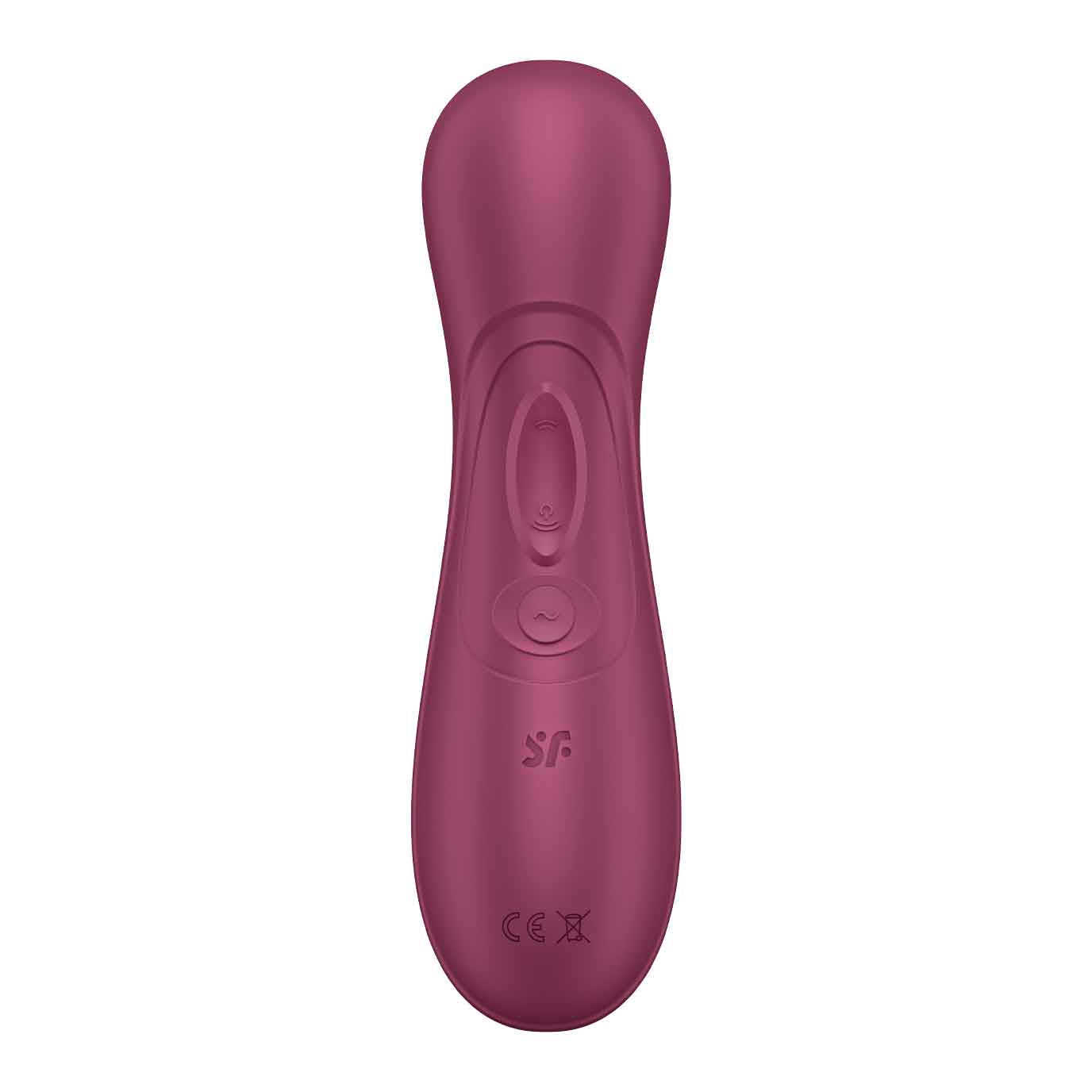 Direct back view of the wine red Satisfyer Pro 2 Generation 3 on a white background. The center control panel shows an oval power button placed between two wave-shaped buttons that control the air pulses and vibrations.