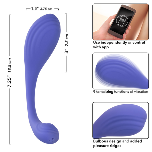 Discreet pelvic floor trainer infographic displaying wireless app control and sizing.